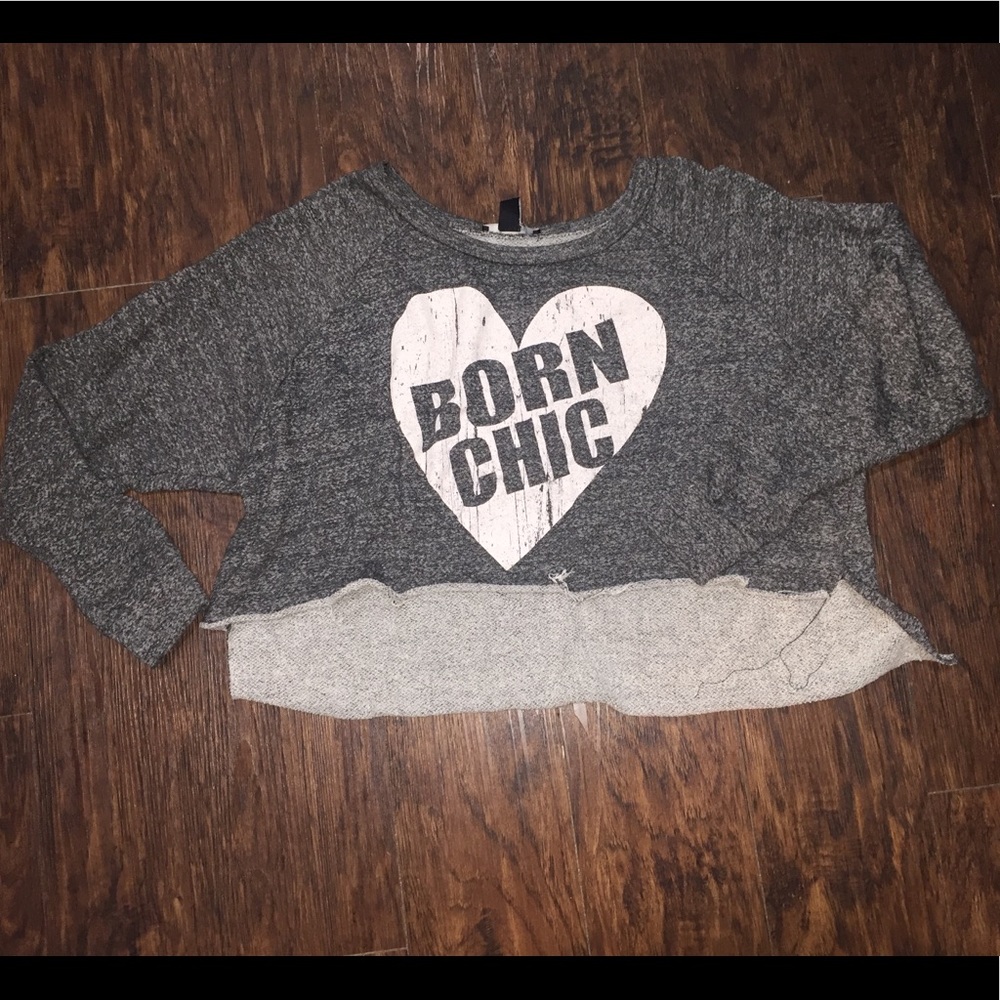 Grey Cropped “Born Chic” Distressed Sweater